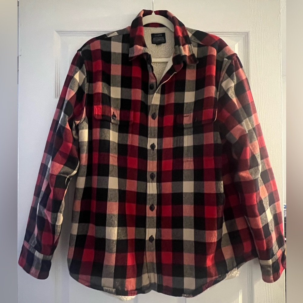 Men’s J. Crew Factory Flannel Shirt Jacket with Quilted/Sherpa Lining L